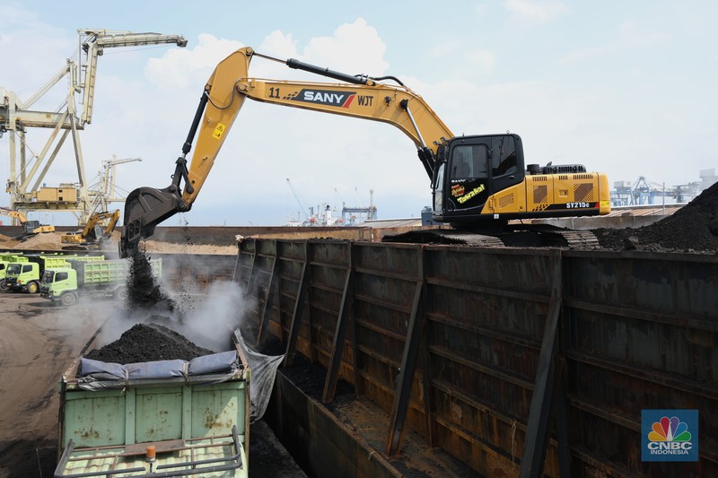 Pekerja melakukan bongkar muat di kapal tongkang bermuatan batubara dari Kalimantan di Pelabuhan Tanjung Priok, Jakarta, Kamis (4/8/2022). (CNBC Indonesia/Tri Susilo)