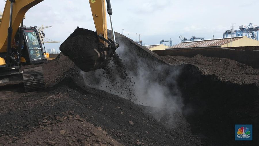 Pekerja melakukan bongkar muat di kapal tongkang bermuatan batubara dari Kalimantan di Pelabuhan Tanjung Priok, Jakarta, Kamis (4/8/2022). (CNBC Indonesia/Tri Susilo)
