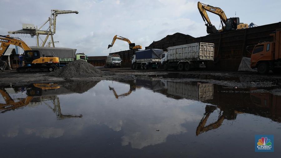 Pekerja melakukan bongkar muat di kapal tongkang bermuatan batubara dari Kalimantan di Pelabuhan Tanjung Priok, Jakarta, Kamis (4/8/2022). (CNBC Indonesia/Tri Susilo)