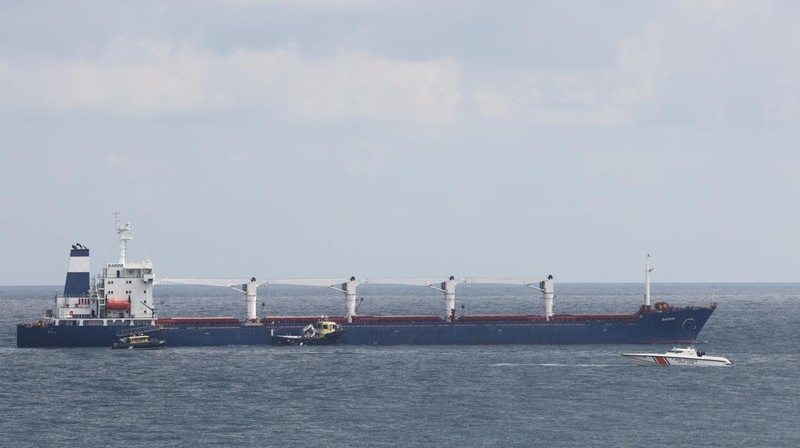 The Joint Coordination Centre officials board Sierra Leone-flagged cargo ship Razoni, carrying Ukrainian grain, for an inspection in the Black Sea off Kilyos, near Istanbul, Turkey August 3, 2022. REUTERS/Umit Bektas