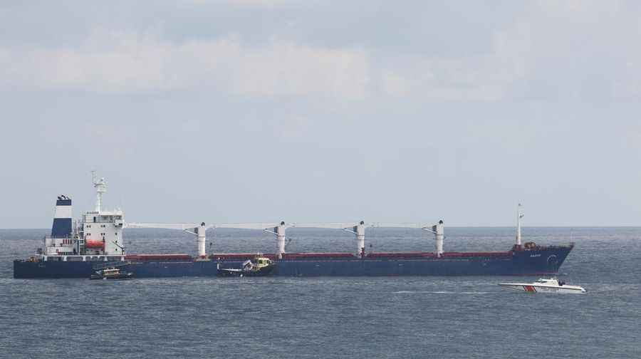 The Joint Coordination Centre officials board Sierra Leone-flagged cargo ship Razoni, carrying Ukrainian grain, for an inspection in the Black Sea off Kilyos, near Istanbul, Turkey August 3, 2022. REUTERS/Umit Bektas