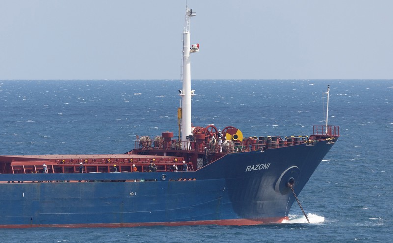 UKRAINE-CRISIS/GRAIN-TURKEY-OFFICIALS The Joint Coordination Centre officials board Sierra Leone-flagged cargo ship Razoni, carrying Ukrainian grain, for an inspection in the Black Sea off Kilyos, near Istanbul, Turkey August 3, 2022. REUTERS/Umit Bektas