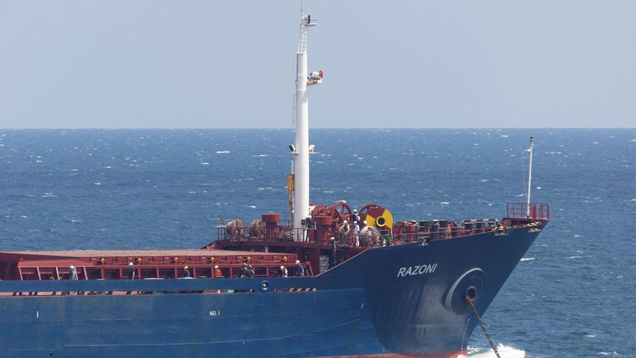 A view of the Sierra Leone-flagged cargo ship Razoni, carrying Ukrainian grain, during an inspection by Joint Coordination Centre officials in the Black Sea off Kilyos, near Istanbul, Turkey August 3, 2022. REUTERS/Umit Bektas