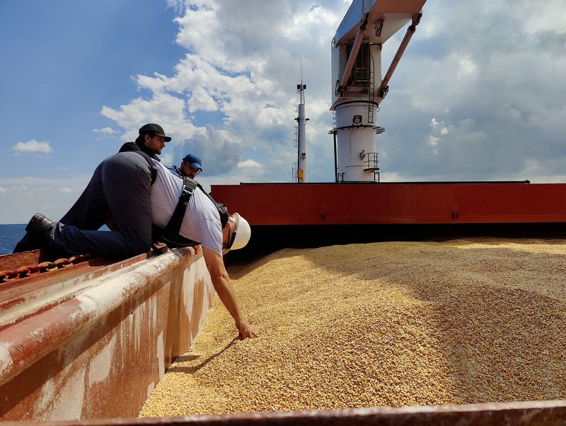 The Joint Coordination Centre officials board Sierra Leone-flagged cargo ship Razoni, carrying Ukrainian grain, for an inspection in the Black Sea off Kilyos, near Istanbul, Turkey August 3, 2022. REUTERS/Umit Bektas