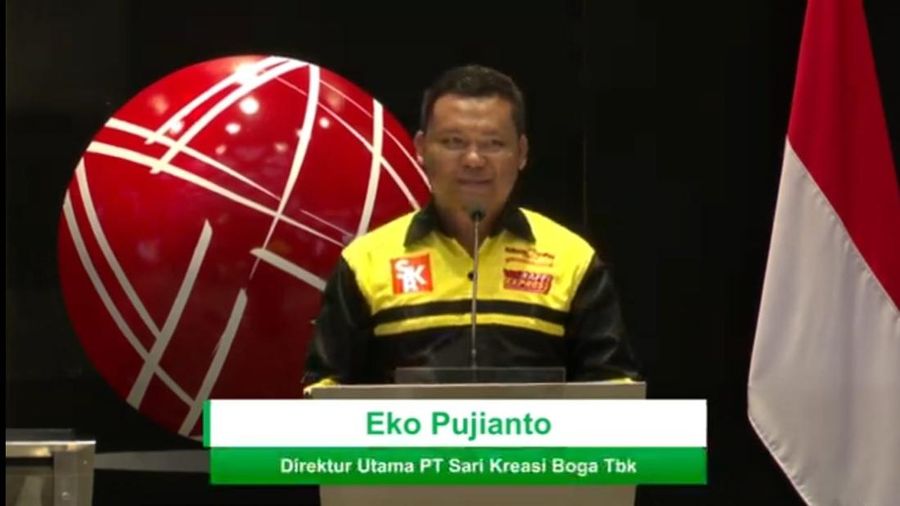 Direktur Utama PT Sari Kreasi Boga Tbk (RAFI) Eko Pujianto saat Pencatatan saham PT Sari Kreasi Boga Tbk (RAFI), emiten ke-800 di BEI. (Tangkapan Layar Youtube)