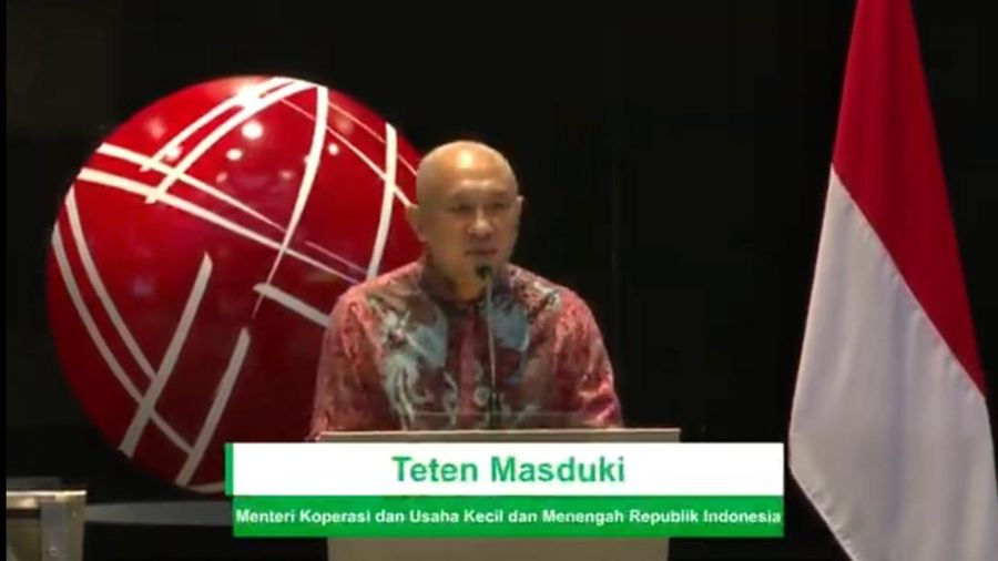 Menteri Koperasi dan UKM Teten Masduki saat Pencatatan saham PT Sari Kreasi Boga Tbk (RAFI), emiten ke-800 di BEI. (Tangkapan Layar Youtube)