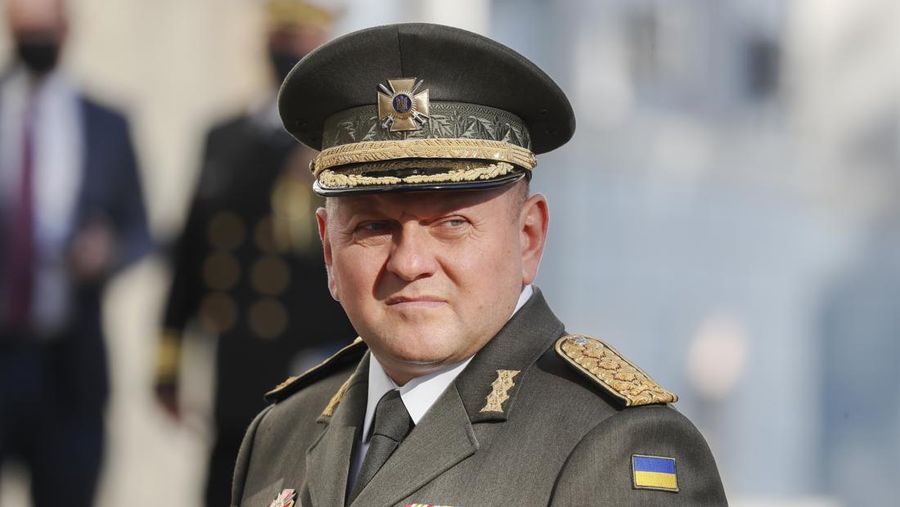 Commander-in-Chief of the Armed Forces of Ukraine Valeriy Zaluzhnyi looks on before a meeting with U.S. Defense Secretary Lloyd Austin and other officials in Kyiv, Ukraine, Tuesday, Oct. 19, 2021. (Gleb Garanich/Pool Photo via AP)