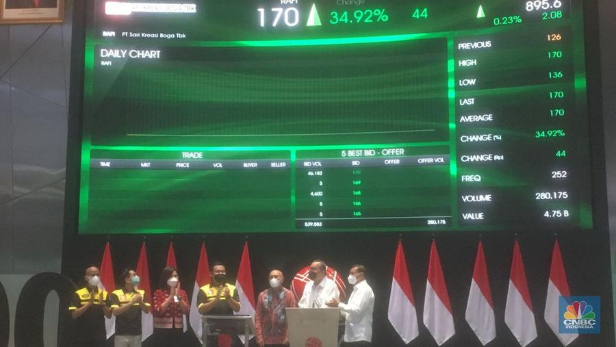 Pencatatan saham PT Sari Kreasi Boga Tbk (RAFI), emiten ke-800 di BEI (CNBC Indonesia/ Romys Binekasri)