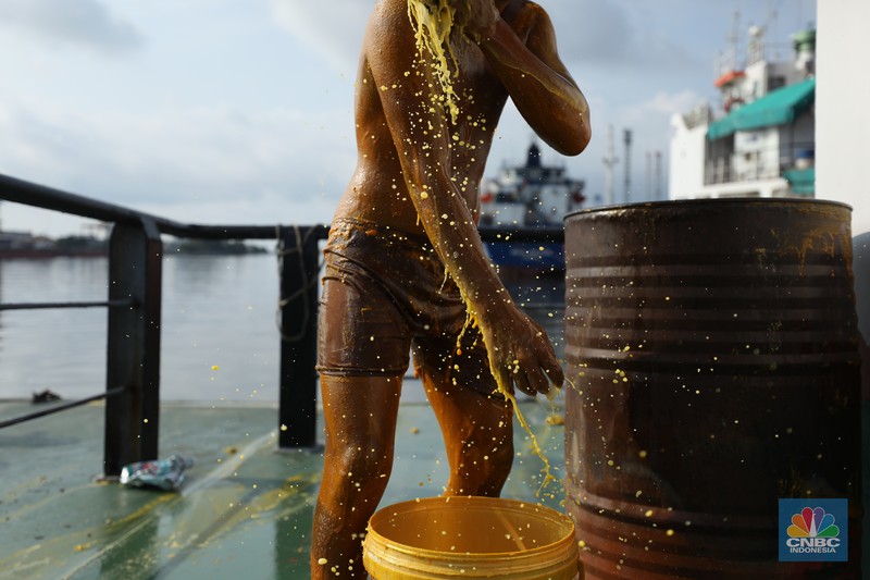 Pekerja berlumuran minyak kelapa sawit mentah atau Crude Palm Oil (CPO) dari Kalimantan saat bongkar muat di Kapal Kencana 89 di Pelabuhan Tanjung Priok, Jakarta. (CNBC Indonesia/Tri Susilo) Pekerja berlumuran minyak kelapa sawit mentah atau Crude Palm Oil (CPO) dari Kalimantan saat bongkar muat di Kapal Kencana 89 di Pelabuhan Tanjung Priok, Jakarta. (CNBC Indonesia/Tri Susilo)