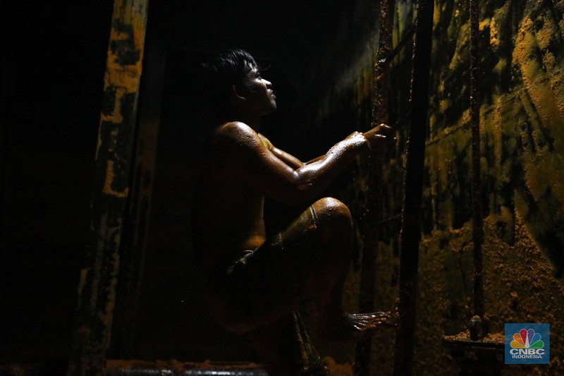 Pekerja berlumuran minyak kelapa sawit mentah atau Crude Palm Oil (CPO) dari Kalimantan saat bongkar muat di Kapal Kencana 89 di Pelabuhan Tanjung Priok, Jakarta. (CNBC Indonesia/Tri Susilo) Pekerja berlumuran minyak kelapa sawit mentah atau Crude Palm Oil (CPO) dari Kalimantan saat bongkar muat di Kapal Kencana 89 di Pelabuhan Tanjung Priok, Jakarta. (CNBC Indonesia/Tri Susilo)