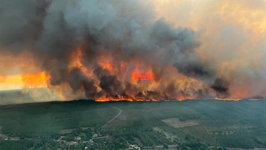 Petugas pemadam kebakaran berupaya memadamkan api di Belin-Beliet, saat kebakaran hutan terus meluas di wilayah Gironde, Prancis barat daya,Rabu (10/8/2022). (REUTERS/Stephane Mahe)