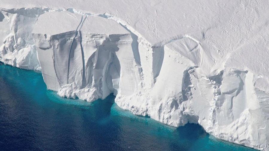 An aerial view of the 200-foot-tall (60-meter-tall) front of the Getz Ice Shelf with cracks, in Antarctica, in this undated handout image. NASA/Handout via REUTERS THIS IMAGE HAS BEEN SUPPLIED BY A THIRD PARTY. MANDATORY CREDIT