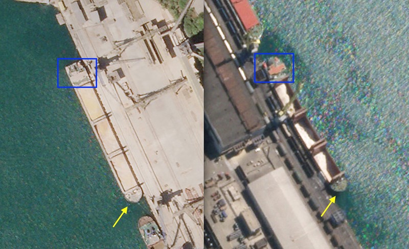 Foto kombinasi menunjukkan gambar satelit pangkalan udara Saky di Crimea, Selasa (9/8/2022) dan setelah serangan pada 10 Agustus 2022. (Planet Labs PBC/Handout via REUTERS)