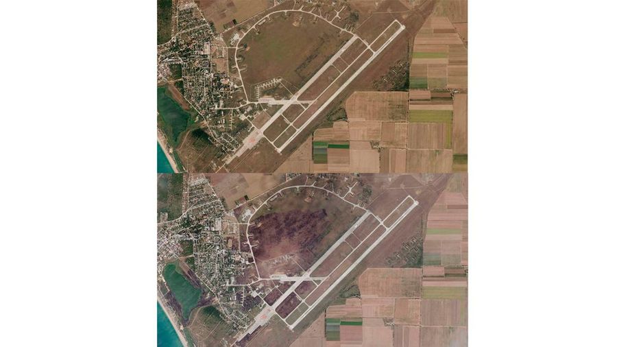 Gambar satelit yang disediakan oleh Maxar Technologies imenunjukkan pesawat di Pangkalan Udara Saki (atas) di Semenanjung Crimea, Senin (16/5/2022) dan setelah ledakan di sana Rabu, (10/8/2022).  (Satellite image ©2022 Maxar Technologies via AP)