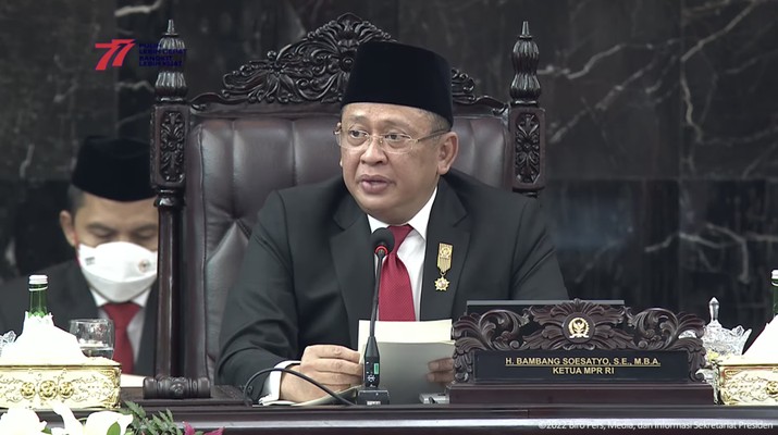 Ketua MPR RI Bambang Soesatyo pada Sidang Tahunan MPR-RI dan Sidang Bersama DPR RI dan DPD RI Tahun 2022. ( Ketua MPR RI Bambang Soesatyo pada Sidang Tahunan MPR-RI dan Sidang Bersama DPR RI dan DPD RI Tahun 2022. (Tangkapan Layar via Youtube Sekretariat Presiden)