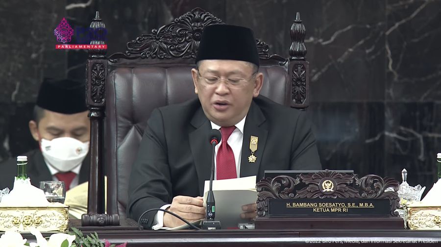 Ketua MPR RI Bambang Soesatyo pada Sidang Tahunan MPR-RI dan Sidang Bersama DPR RI dan DPD RI Tahun 2022. (Tangkapan Layar via Youtube Sekretariat Presiden)