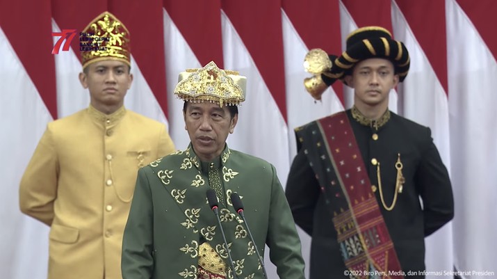 Pidato Presiden Joko Widodo pada Sidang Tahunan MPR-RI dan Sidang Bersama DPR RI dan DPD RI Tahun 2022. (Tangkapan Layar via Youtube Sekretariat Presiden)