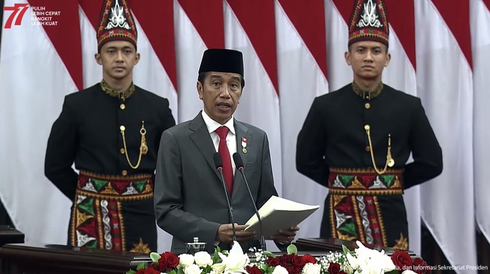 Presiden Jokowi Saat Penyampaian Keterangan Pemerintah Atas RUU APBN Tahun Anggaran 2023 Beserta Nota Keuangannya Pidato Presiden Joko Widodo dalam rangka Penyampaian Keterangan Pemerintah Atas RUU APBN Tahun Anggaran 2023 Beserta Nota Keuangannya pada Rapat Paripurna Pembukaan Masa Persidangan I DPR RI Tahun Sidang 2022 - 2023. (Tangkapan Layar via Youtube Sekretariat Presien)