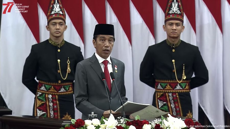 Pidato Presiden Joko Widodo dalam rangka Penyampaian Keterangan Pemerintah Atas RUU APBN Tahun Anggaran 2023 Beserta Nota Keuangannya pada Rapat Paripurna Pembukaan Masa Persidangan I DPR RI Tahun Sidang 2022 - 2023. (Tangkapan Layar via Youtube Sekretariat Presien)