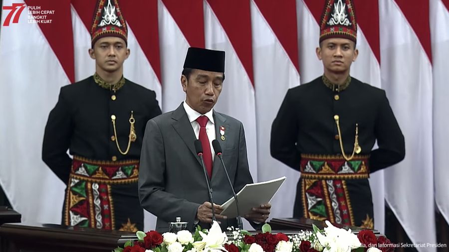 Pidato Presiden Joko Widodo dalam rangka Penyampaian Keterangan Pemerintah Atas RUU APBN Tahun Anggaran 2023 Beserta Nota Keuangannya pada Rapat Paripurna Pembukaan Masa Persidangan I DPR RI Tahun Sidang 2022 - 2023. (Tangkapan Layar via Youtube Sekretariat Presien)