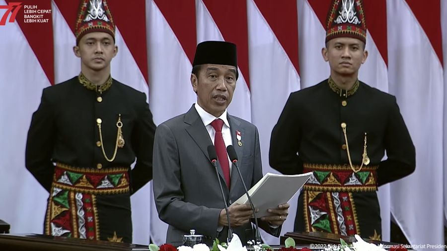 Pidato Presiden Joko Widodo dalam rangka Penyampaian Keterangan Pemerintah Atas RUU APBN Tahun Anggaran 2023 Beserta Nota Keuangannya pada Rapat Paripurna Pembukaan Masa Persidangan I DPR RI Tahun Sidang 2022 - 2023. (Tangkapan Layar via Youtube Sekretariat Presien)