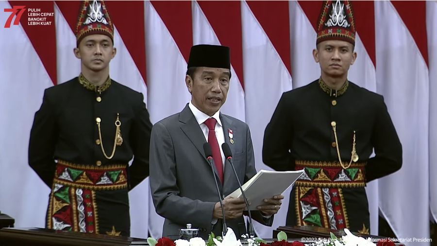 Pidato Presiden Joko Widodo dalam rangka Penyampaian Keterangan Pemerintah Atas RUU APBN Tahun Anggaran 2023 Beserta Nota Keuangannya pada Rapat Paripurna Pembukaan Masa Persidangan I DPR RI Tahun Sidang 2022 - 2023. (Tangkapan Layar via Youtube Sekretariat Presien)