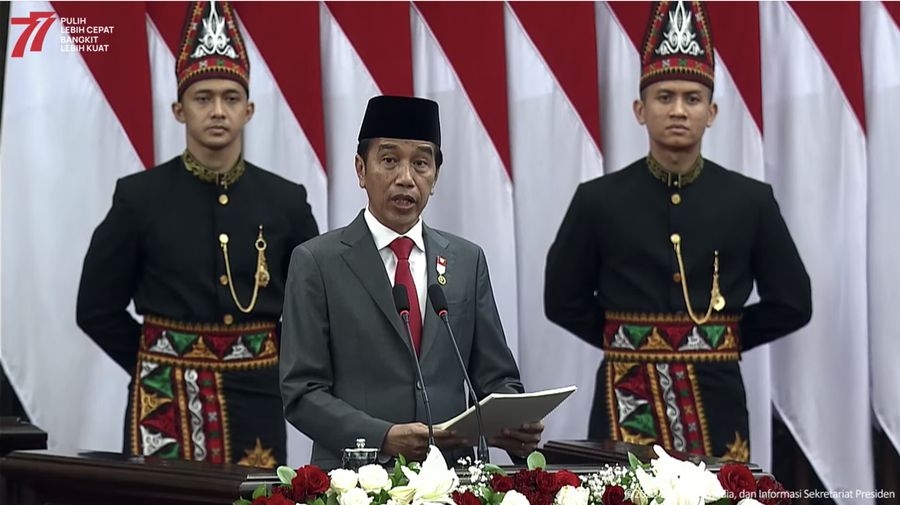 Pidato Presiden Joko Widodo dalam rangka Penyampaian Keterangan Pemerintah Atas RUU APBN Tahun Anggaran 2023 Beserta Nota Keuangannya pada Rapat Paripurna Pembukaan Masa Persidangan I DPR RI Tahun Sidang 2022 - 2023. (Tangkapan Layar via Youtube Sekretariat Presien)
