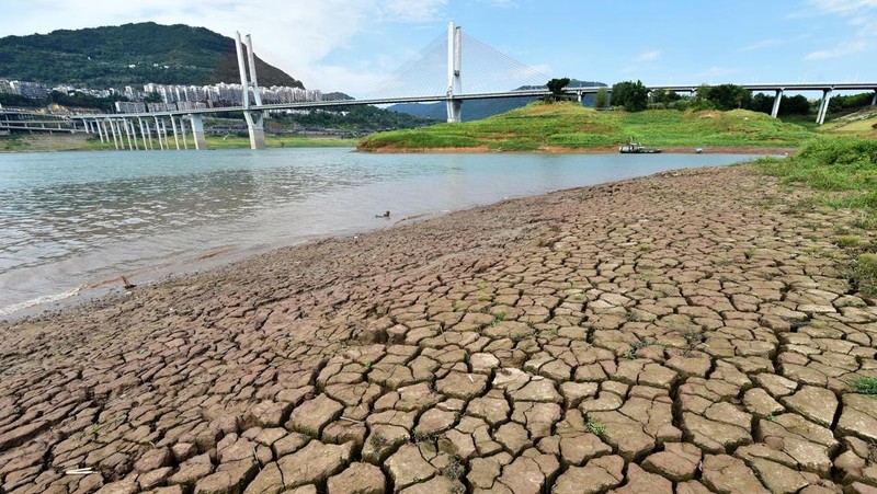 Kondisi kekeringan di Sungai Yangtze, Chongqing, China, Rabu (17/8/2022). Permukaan air Sungai Yangtze telah turun karena suhu tinggi dan kekeringan. (Photo by Zhou Yi/China News Service via Getty Images)