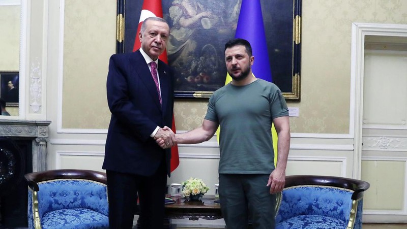 Presiden Turki Recep Tayy Erdogan (kiri) bertemu dengan Presiden Ukraina Volodymyr Zelenskyy (kanan) di Lviv, Ukraina, Kamis (18/8/2022). (Photo by Turkish Presidency/Handout/Anadolu Agency via Getty Images)