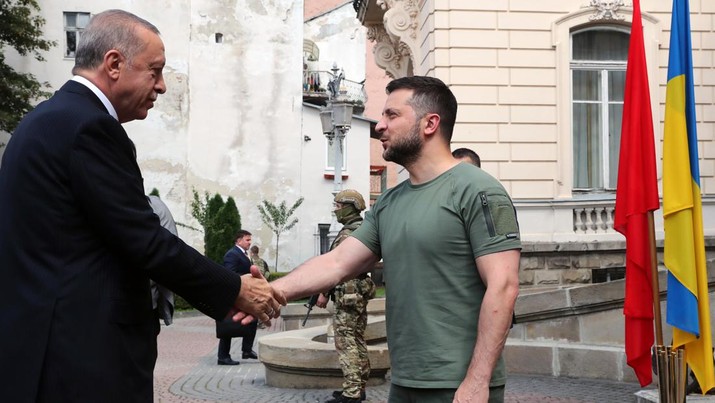 Presiden Turki Recep Tayy Erdogan (kiri) bertemu dengan Presiden Ukraina Volodymyr Zelenskyy (kanan) di Lviv, Ukraina, Kamis (18/8/2022). (Photo by Turkish Presidency/Handout/Anadolu Agency via Getty Images)