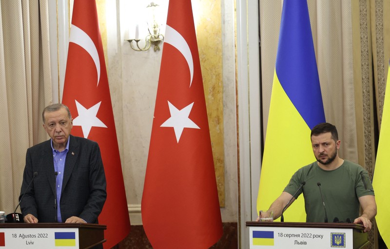 Presiden Turki Recep Tayy Erdogan (kiri) bertemu dengan Presiden Ukraina Volodymyr Zelenskyy Presiden Turki Recep Tayy Erdogan (kiri) bertemu dengan Presiden Ukraina Volodymyr Zelenskyy (kanan) di Lviv, Ukraina, Kamis (18/8/2022). (Photo by Turkish Presidency/Handout/Anadolu Agency via Getty Images)