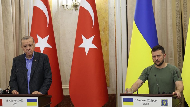 Presiden Turki Recep Tayy Erdogan (kiri) bertemu dengan Presiden Ukraina Volodymyr Zelenskyy (kanan) di Lviv, Ukraina, Kamis (18/8/2022). (Photo by Turkish Presidency/Handout/Anadolu Agency via Getty Images)