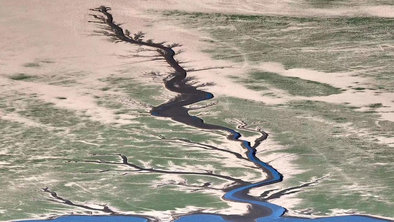 NANCHANG, CHINA - AUGUST 21, 2022 - An aerial photo shows a tree-shaped pattern after drought in the Jinxian section of Poyang Lake in Nanchang, Jiangxi province, China, Aug 21, 2022. Affected by low rainfall and continuous high temperature, the Yangtze River Basin has seen a rare drought. Poyang Lake has entered the low dry season more than 100 days ahead of schedule, setting the record of the earliest low dry season. The water surface area of Poyang Lake has shrunk by 3/4 compared with that in June. (Photo credit should read CFOTO/Future Publishing via Getty Images)