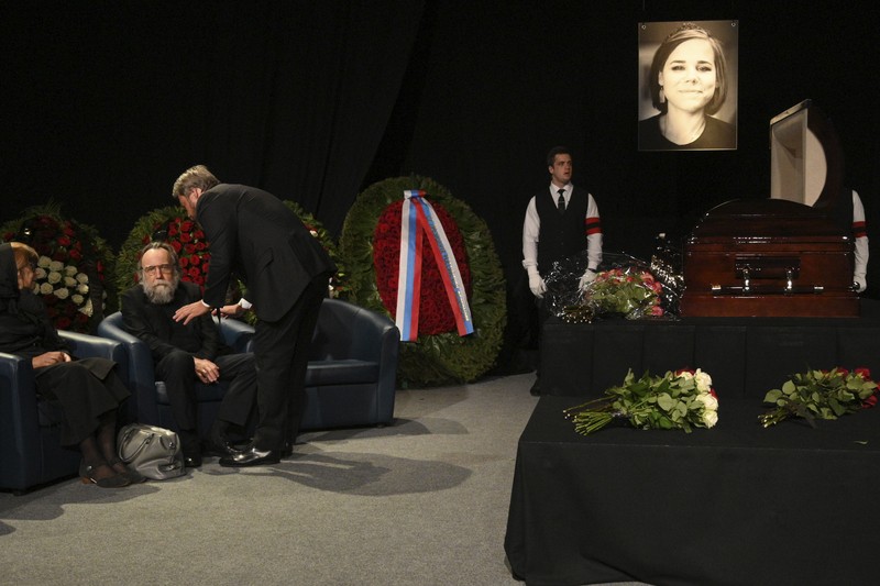 Russia Nationalist Killed Philosopher Alexander Dugin speaks during the final farewell ceremony for his daughter Daria Dugina in Moscow, Russia, Tuesday, Aug. 23, 2022. Daria Dugina, a 29-year-old commentator with a nationalist Russian TV channel, died when a remotely controlled explosive device planted in her SUV blew up on Saturday night as she was driving on the outskirts of Moscow, ripping the vehicle apart and killing her on the spot, authorities said. (AP Photo/Dmitry Serebryakov)