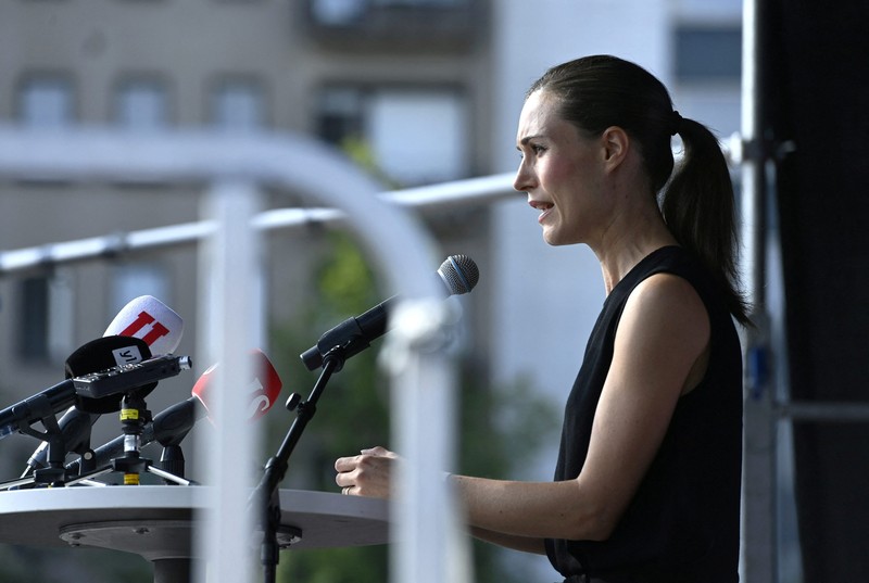 Finnish Prime Minister Sanna Marin reacts during a meeting of Social Democratic Party of Finland in Lahti, Finland, August 24, 2022. Lehtikuva / Heikki Saukkomaa via REUTERS   ATTENTION EDITORS - THIS IMAGE WAS PROVIDED BY A THIRD PARTY. NO THIRD PARTY SALES. NOT FOR USE BY REUTERS THIRD PARTY DISTRIBUTORS. FINLAND OUT. NO COMMERCIAL OR EDITORIAL SALES IN FINLAND.