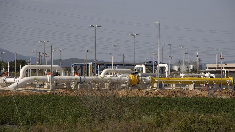 Exterior view of the natural gas pipeline supply Interconnector Greece Bulgaria IGB, inaugurated on July 8, 2022 by the Greek and Bulgarian prime minister and Azerbaijan's minister of energy, connected to the landing station of the TAP Trans Adriatic Pipeline near Komotini combined cycle electricity power plant generated by steam. Komotini, Greece on July 30, 2022 (Photo by Nicolas Economou/NurPhoto via Getty Images)