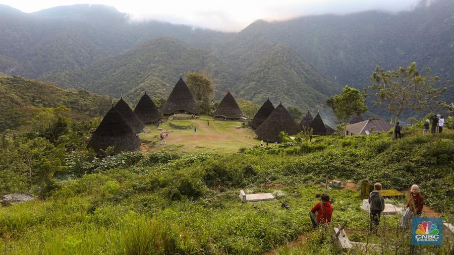 Wisatawan mengunjungi desa wisata Wae Rebo di Kecamatan Satarmese Barat, Kabupaten Manggarai, Nusa Tenggara Timur (NTT) , Jumat (28/7/2022). Wae Rebo merupakan salah satu desa wisata unggulan di NTT. (CNBC Indonesia/ Andrean Kristianto)