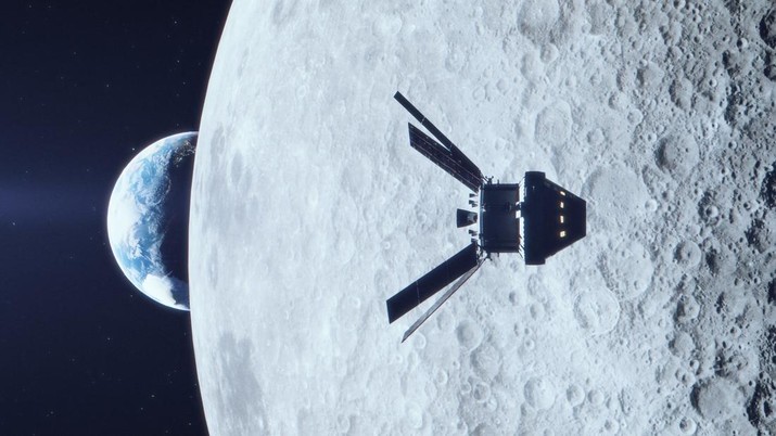 Ilustrasi Orion mengorbit Bulan dalam misi Artemis 1