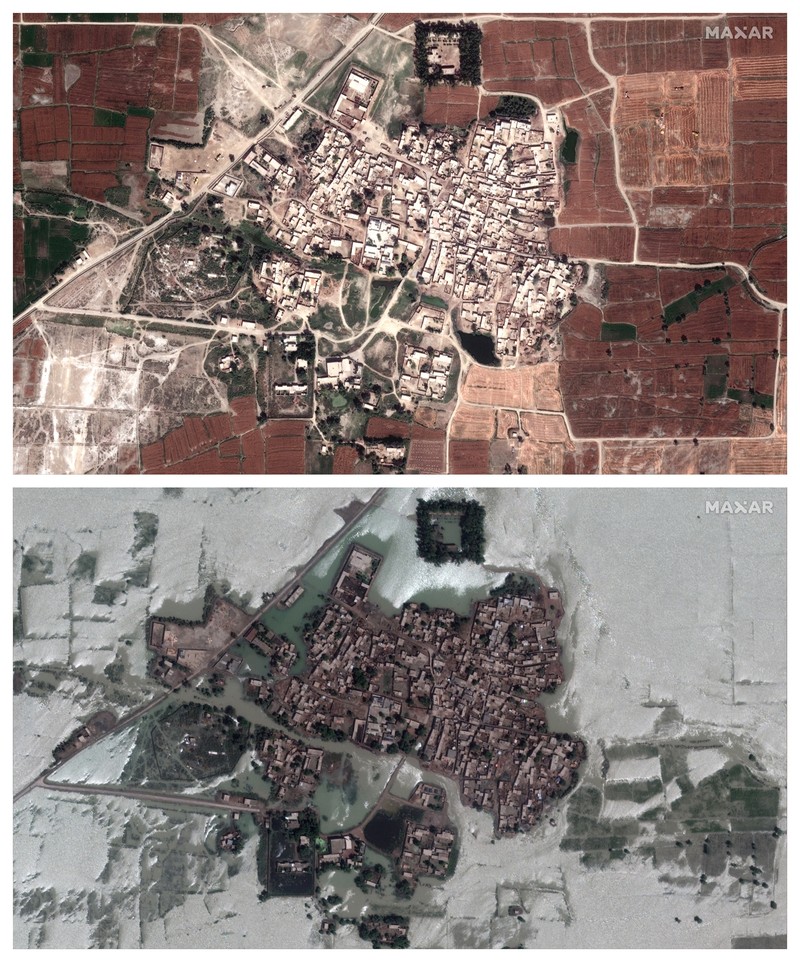 Kombinasi foto 24 Maret dan 28 Agustus 2022 yang disediakan oleh Maxar Technologies ini menunjukkan sebuah desa dan ladang di Rajanpur, Pakistan, setelah banjir. AP/y, as the country’s climate minister called the deadly monsoon season “a serious climate catastrophe.” (Maxar Technologies via AP)