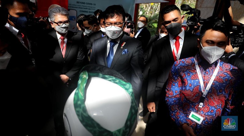 Robot 5G di pertemuan keempat Digital Economy Working Grop (4th DEWG) Presidensi G20 Indonesia di Nusa Dua, Bali, Senin (29/8/2022). (CNBC Indonesia/Muhammad Sabki)