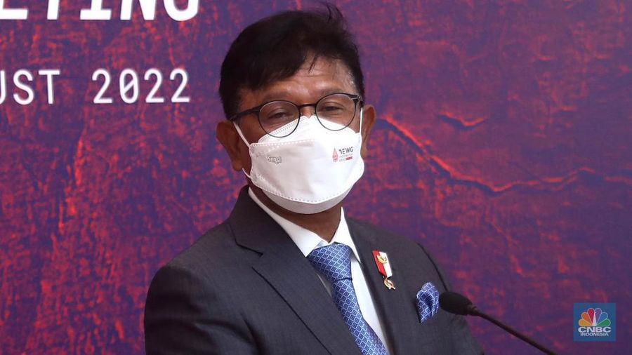 Menteri Komunikasi dan Informatika RI, Johnny G Plate membuka dan menghadiri Kelompok Kerja Ekonomi Digital Group of Twenty atau Digital Economy Working Group (4th DEWG Meeting) G20 pada 29-30 Agustus 2022 di Hotel Mulia Resort Nusa Dua, Bali , Senin (29/8/2022). (CNBC Indonesia/Muhammad Sabki)