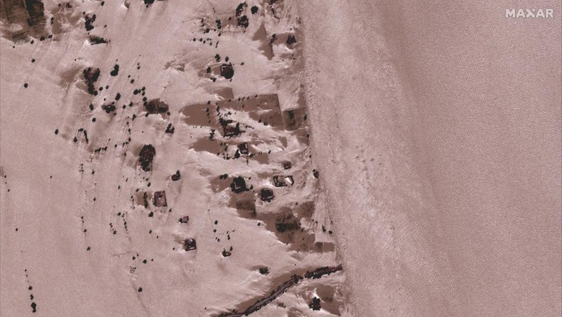 Satelit Maxar Technologies menunjukkan banjir, di Rajanpur, Pakistan. (VIA REUTERS/MAXAR TECHNOLOGIES)