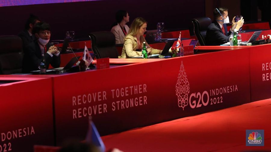 Suasana pertemuan keempat Kelompok Kerja Ekonomi Digital Group of Twenty atau Digital Economy Working Group (4th DEWG Meeting) G20 pada 29-30 Agustus 2022 di Hotel Mulia Resort Nusa Dua, Bali , Senin (29/8/2022). (CNBC Indonesia/Muhammad Sabki)