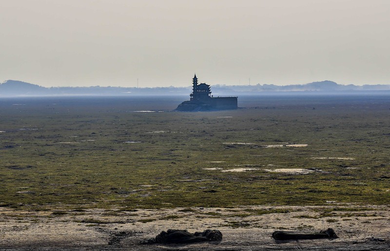 Sebuah kuil bersejarah di Pulau Luoxingdun, yang biasanya terendam di tengah Danau Poyang, kini terlihat dengan jelas. Pemandangan ini terjadi akibat kekeringan parah yang tengah berlangsung di China. (Visual China Group via Getty Images)
