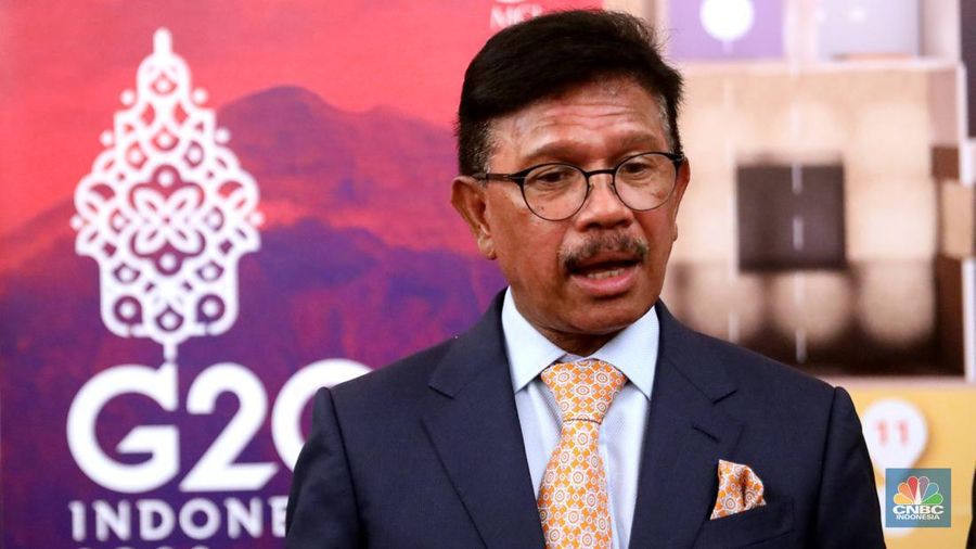 Johnny G Plate, Menteri Komunikasi dan Informatika Indonesia dalam acara Kelompok Kerja Ekonomi Digital Group of Twenty atau Digital Economy Working Group (4th DEWG Meeting) G20 pada 29 Agustus 2022 - 1 September 2022 di Hotel Mulia Resort Nusa Dua, Bali, Kamis (1/9/2022). (CNBC Indonesia/Muhammad Sabki)