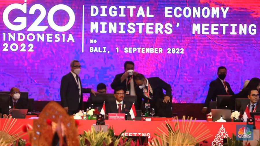 Suasana pertemuan keempat Digital Economy Working Grop (4th DEWG) Presidensi G20 Indonesia di Nusa Dua, Bali, Kamis (1/9/2022). (CNBC Indonesia/Muhammad Sabki)