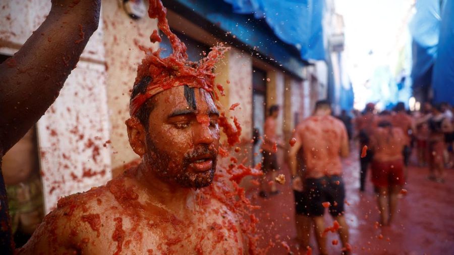 A reveler plays in tomato pulp during the annual 