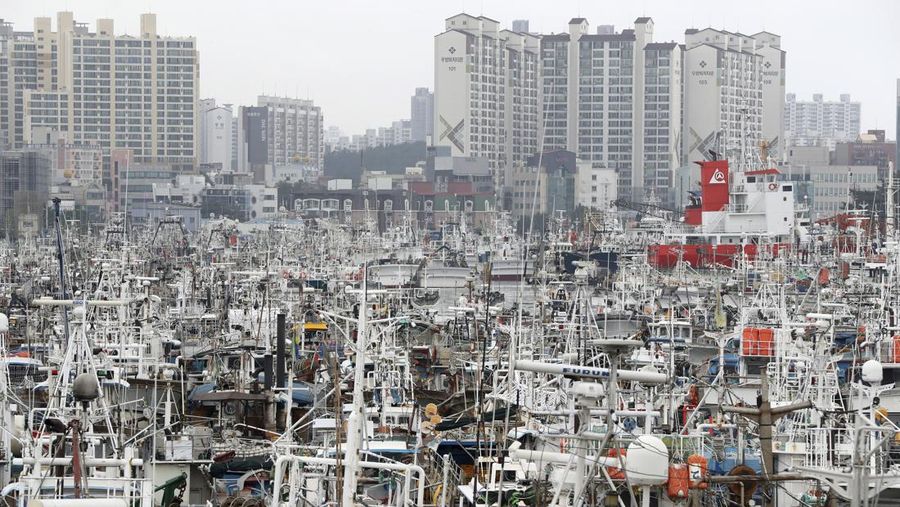 Seorang pria berjalan melewati angin kencang yang disebabkan oleh topan Hinnamnor di pulau Jeju, Korea Selatan, Senin (5/9/2022), (Yonhap via REUTERS)