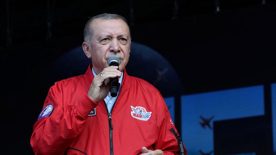 Turkish President Tayyip Erdogan speaks at the Teknofest Black Sea, an aviation, space and technology festival, at Carsamba Airport in Samsun, Turkey September 3, 2022. Murat Cetinmuhurdar/Presidential Press Office/Handout via REUTERS ATTENTION EDITORS - THIS PICTURE WAS PROVIDED BY A THIRD PARTY. NO RESALES. NO ARCHIVES.