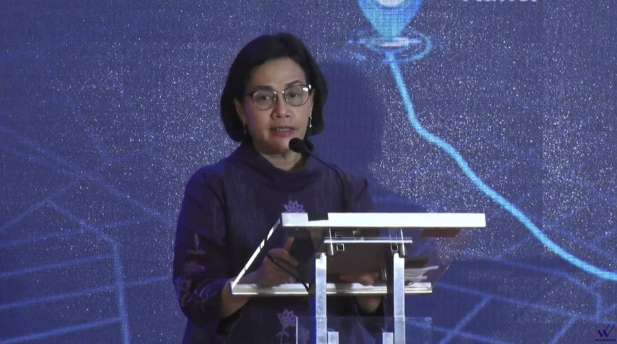 Menteri Keuangan/ Ketua Dewan Pengawas SWF Indonesia (INA), Sri Mulyani Saat Penyelesaian Transaksi Ruas Tol Kanci - Pejagan dan Pejagan - Pemalang antara INA dan WTR. (Tangkapan Layar via Youtube Waskita Karya)